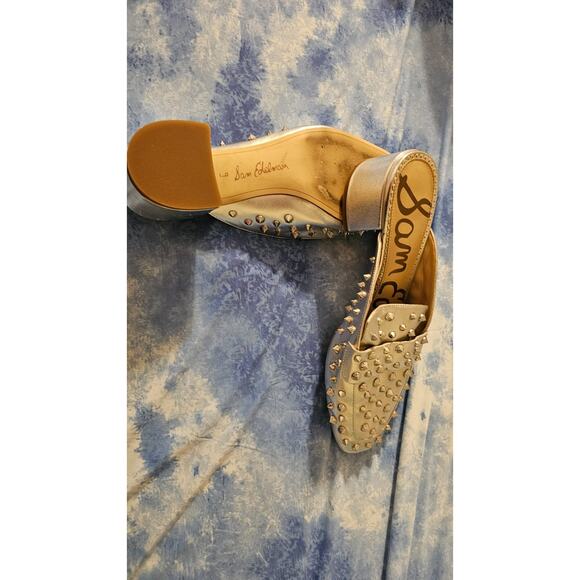 Sam Edelman Augustus Mule Heels 9 Silver Studded Metallic Loafers Slip-On EUC - Picture 4 of 5